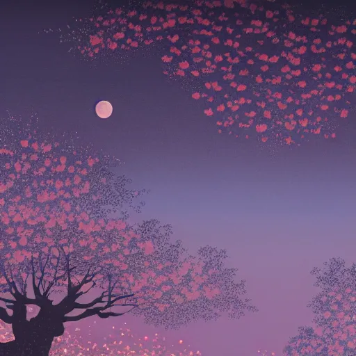 Prompt: a detailed matte landscape painting of a big cherry tree with petals flying in the sky, moonlight, by victo ngai, artstation, detail, hd.