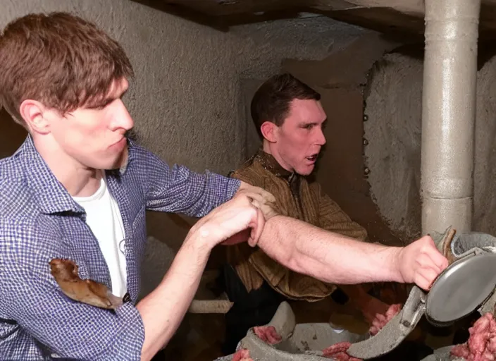 Prompt: Jerma putting a person in a meat grinder in a basement