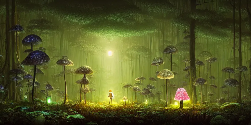 Prompt: dark primitive forest covered with fluorescent mushrooms and ferns, showered by moonlight, natural lighting, playful color scheme, intricate details, matte painting, illustration, by hayao miyazaki