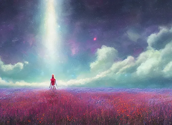 Image similar to a lone princess walks through a vast flower field in the cosmic sky by guweiz and peder mørk mønsted