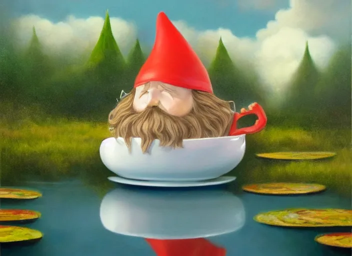 Image similar to a garden gnome sailing in a teacup, whimsical background of a reflective pond on a sunny day with dramatic clouds, an ultrafine detailed painting by mark ryden, trending on deviantart, pop surrealism, whimsical, lowbrow, grotesque