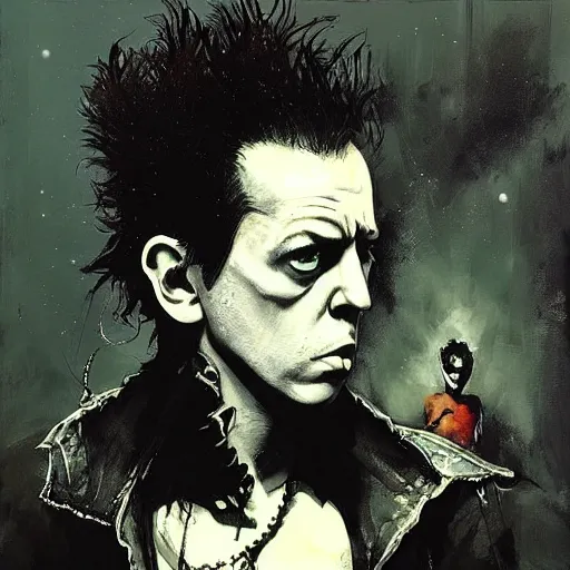 Image similar to stunning portrait of gaunt joe strummer a ( the cure fan ) as dream from sandman, dim stars as eyes, by jeremy mann, by cedric peyravernay, by by russ mills, by richard avedon and ben templesmith, dramatic lightning, sadness, dark eye sockets, in the shadows, punk rock, gothic, high detailed, 8 k