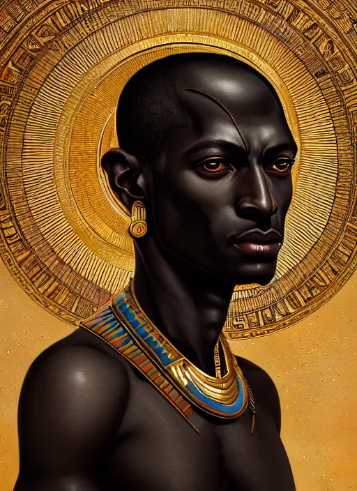 Image similar to close up portrait khonsu moon god, egyptian symbolism, dark black skin, no pupils, handsome sub - saharan african man by artgerm, cushart krenz, greg rutkowski, mucha. art nouveau. gloomhaven, pale colors, sharp edges. ultra clear detailed. 8 k. elegant, intricate, octane render