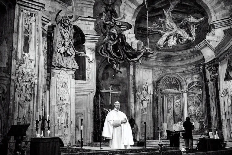 Prompt: photography group circle pope priest in an invoking ritual in front of a viscosity cthulhu within a lovecraft portal in a baroque intricate church