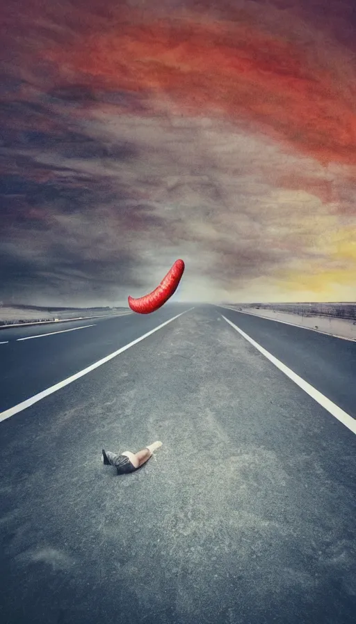 Image similar to photo of a giant mouth open on an asphalt road, realistic photo, gopro, looming, colorful, eerie