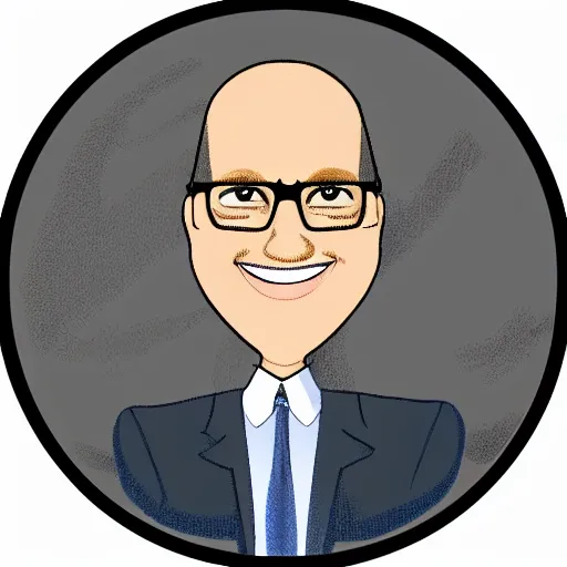 Prompt: clip art of a man, balding, wearing glasses, big smile, holding a microphone