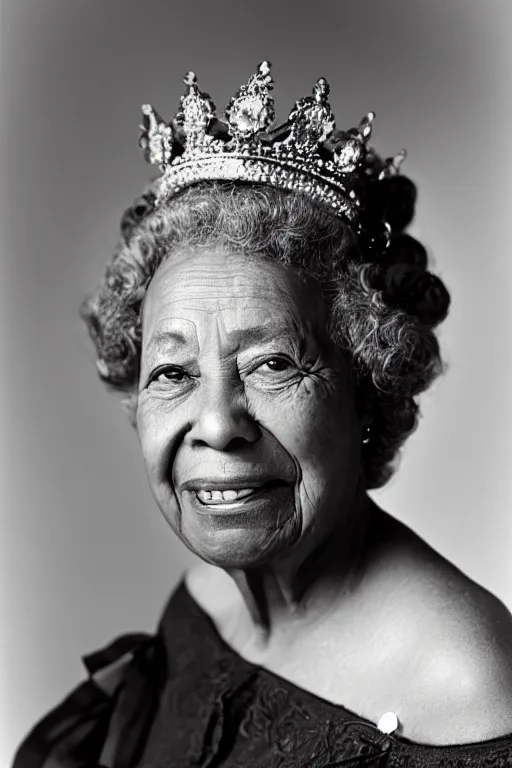 Image similar to a photograph of an elderly black lady with grey curly hair, wearing a crown and clothing of Queen Elizabeth the second, 50mm lens, portrait photography, taken by Robert Capa, studio lighting