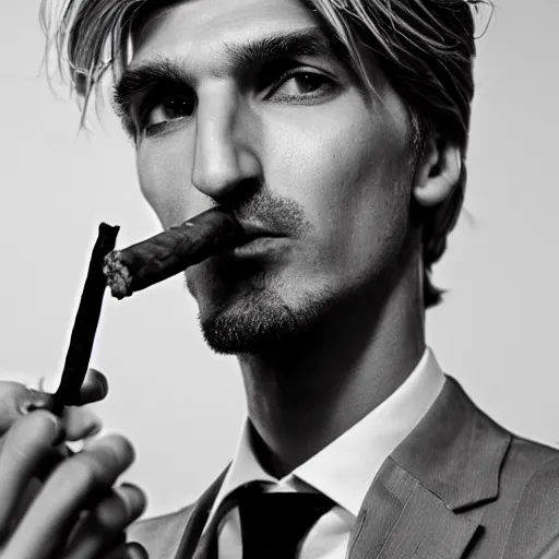 Image similar to a closeup photo of handsome gigachad xqc smoking a cigar