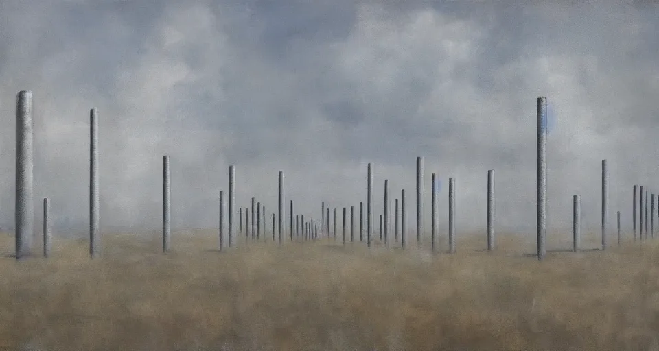 Image similar to world of only concrete, a flat endless plane of concrete covered in thin, very tall concrete pillars talk enough to go above the frame that go on to the horizon, open sky, but sparse vegetation is returning to the world, growing in the concrete, blue sky with clouds, god rays, beautiful painting, oil on canvas, by Ewa Czarniecka, award winning masterpiece,