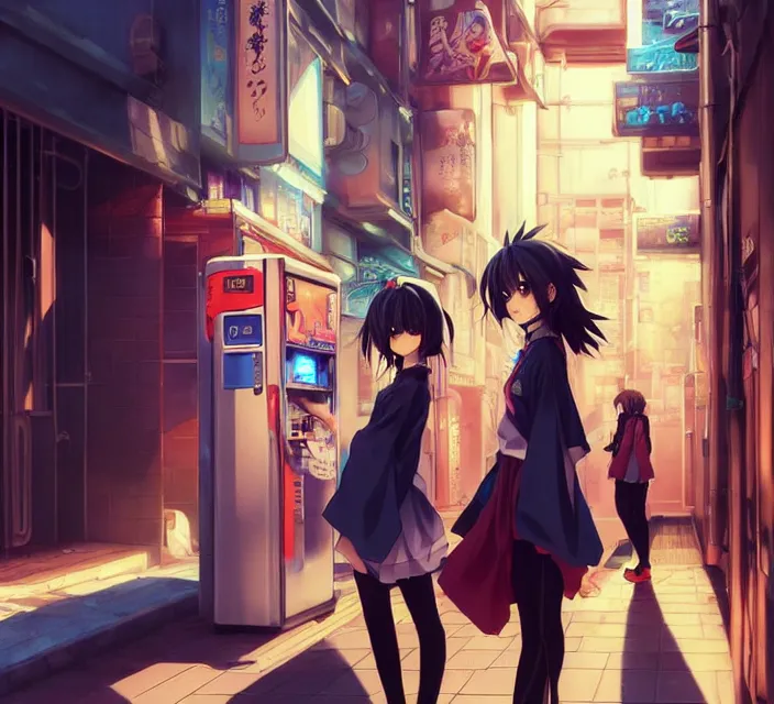 Prompt: Two beautiful anime girls, standing in front of a vending machine outside of a Japanese convenience store, in narrow Tokyo alleyway, gorgeous sunlight and shadows, D&D, fantasy, highly detailed, digital painting, artstation, concept art, sharp focus, illustration, in style of GUWEIZ and WLOP and NIXEU and Craig Mullins, Production I.G.