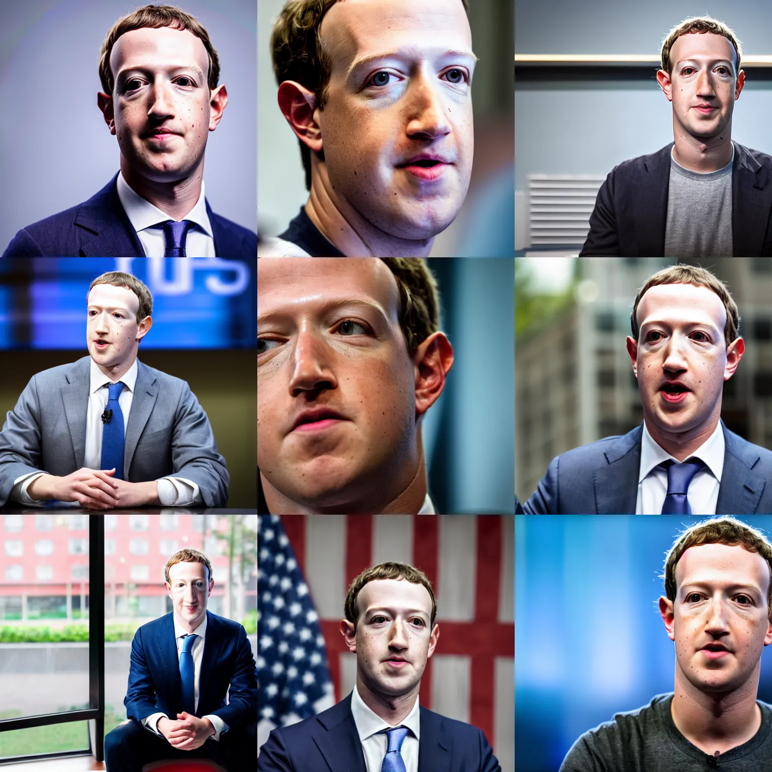 Prompt: headshot of Mark Zuckerberg as the president of the united states being interviewed on CNN, EOS-1D, f/1.4, ISO 200, 1/160s, 8K, RAW, unedited, symmetrical balance, in-frame, Photoshop, Nvidia, Topaz AI