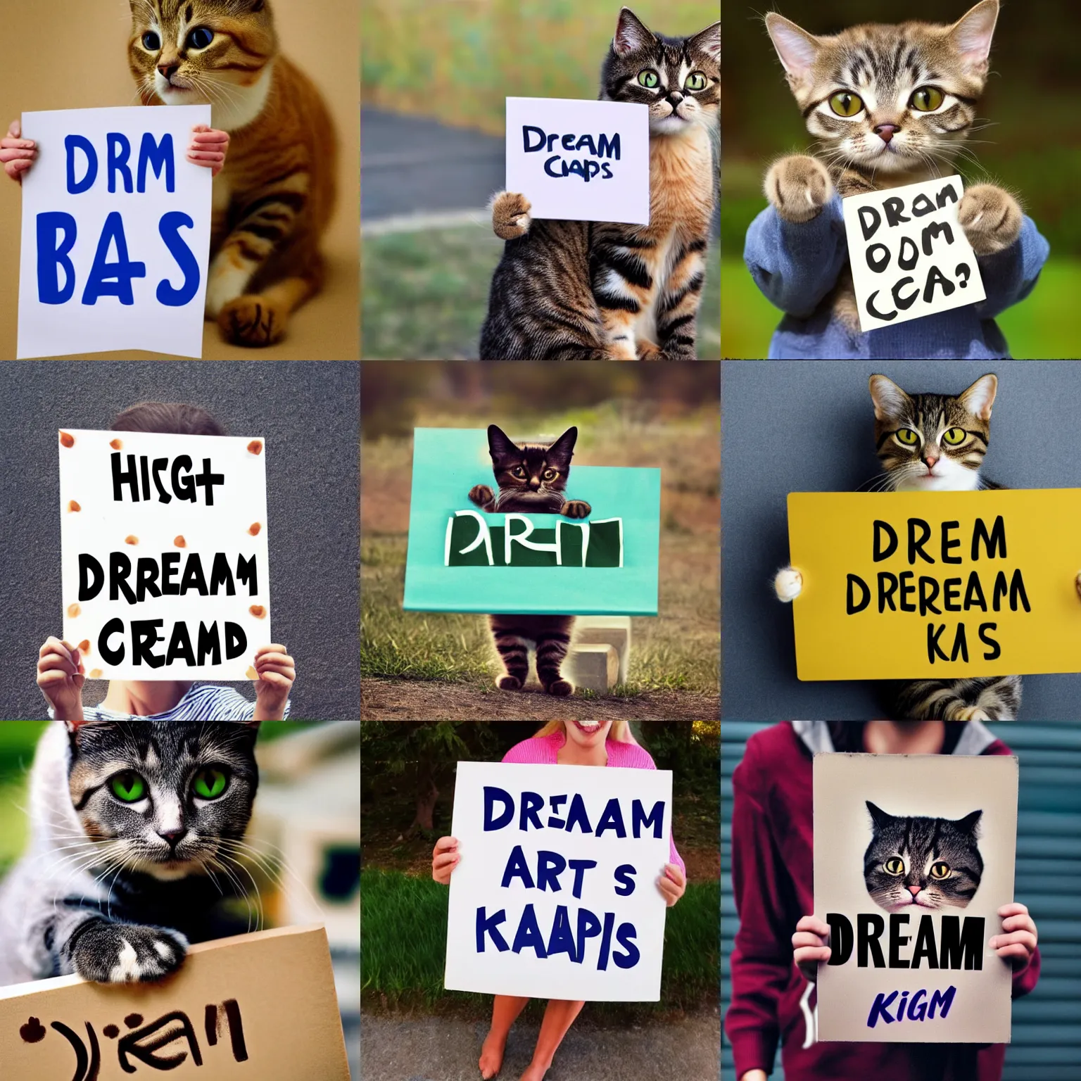 Image similar to realistic high quality photo of a cute cat holding a sign with text that reads : dream cats