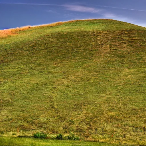 Image similar to a singular, green hill in the middle of the photo. no tree's are on the hill. the sky is a bright blue.