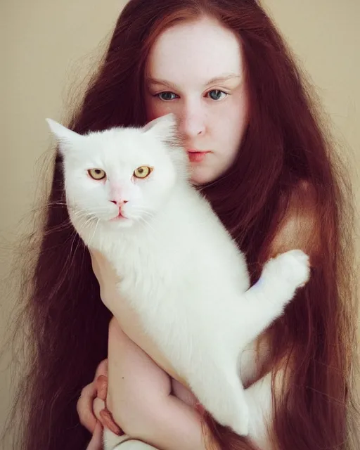 Prompt: a portrait of a young woman with very long pink hair undulating on the wind, light brown eyes, slightly chubby, pale skin, pretty, cute, holding a white cat. by viorie and laia lopez