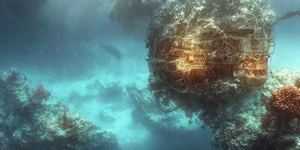 Image similar to a underwater ship ruins covered by corals, godrays, epic image, path traced, shipwreck, hyperrealistic, concept art, octane render, unreal engine 5, some fish, centered, symmetrical, low contrast, cinematic, soft lighting, high coherence, digital painting, masterpiece, digital art, serene scenery, old, elegant