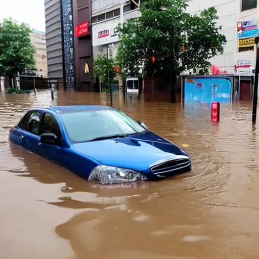 Image similar to city is flooded by heavy rain. A guy is sitting on the top of the A car is middle of the street flooded.