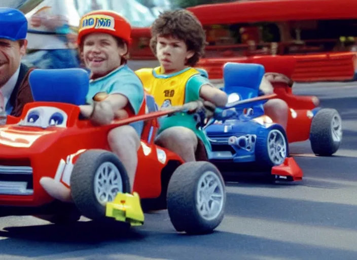 Image similar to peter dinklage racing patrick ewing driving a little tikes cars, movie still, from the new fast and furious movie, 8 k, realistic