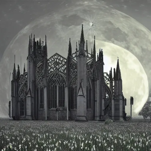 Prompt: A Gothic cathedral in a field of flowers, A huge red moon shines over the earth in the style of gustav doré.highly realistic, hyper detailed,cinematic,4k,digital art,unreal engine 5,epic lighting
