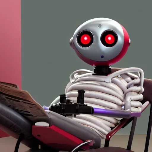 Image similar to futuristic studious matte brown and red and chrome full-body humanoid robot with two huge round expressive sad purple glowing LED eyes and open rectangular mouth sitting on a large comfortable cushioned 1950s vintage recliner reading a newspaper. open newspaper. Cinematic Movie Photograph, Arri Alexa, Extremely Detailed, smooth, very very clean, 8K, octane render, maya render, unreal engine, trending on artstation, DSLR, excellent composition, center frame