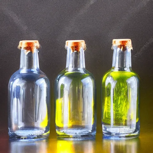Prompt: fluorescent liquids in glass bottles