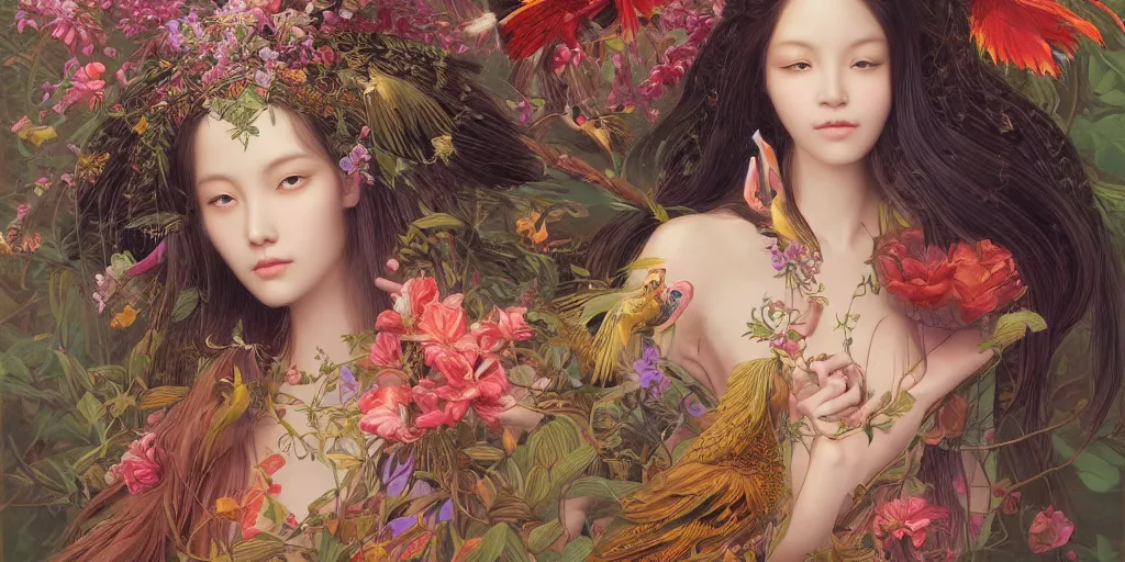 Image similar to breathtaking detailed concept art painting of the goddess of exotic bird, orthodox saint, with anxious, piercing eyes, ornate background, amalgamation of leaves and flowers, by hsiao - ron cheng and john james audubon and miho hirano, extremely moody lighting, 8 k