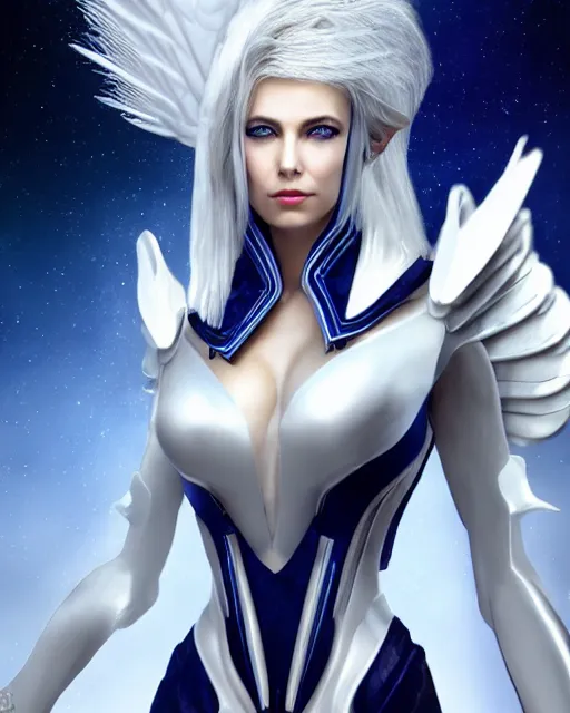 Image similar to perfect white haired attractive egyptian goddess with huge white dove wings, warframe armor, beautiful, symmetric, charlize theron, half asian, pretty face, blue eyes, detailed, scifi platform, laboratory, experiment, 4 k, ultra realistic, epic lighting, android body, illuminated, cinematic, masterpiece, art by akihito tsukushi, voidstar