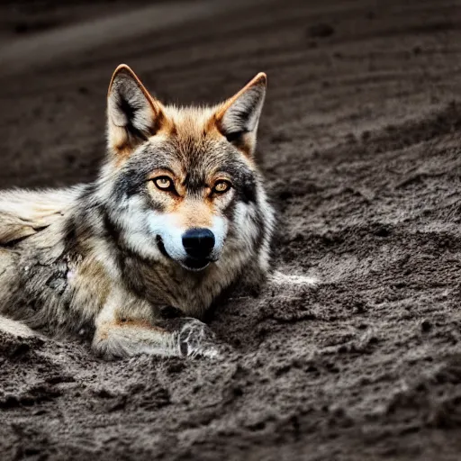 Image similar to professional photograph of a mud - colored wolf, high quality, hd, 8 k, 4 k, magnificent, award - winning, nature, nature photography, awe - inspiring, highly detailed, amazing