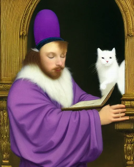 Image similar to a youthful fool in purple robes and a purple jester hat, holding a cute fluffy white cat, listening to records on a turntable, oil on canvas, by ambrosius benson