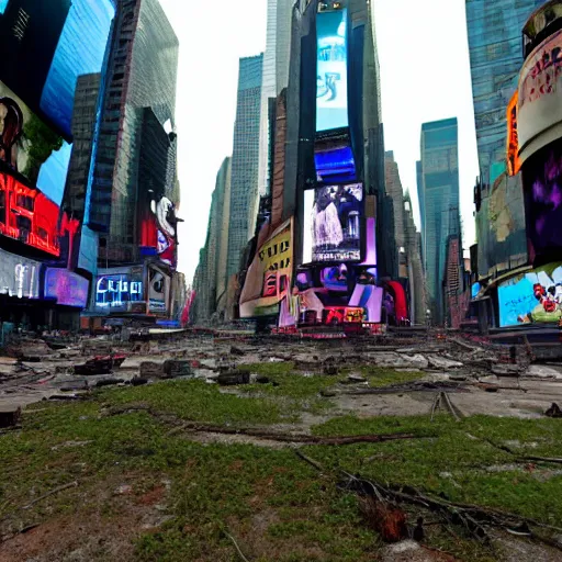 Prompt: Time Square, overgrown post apocalyptic city