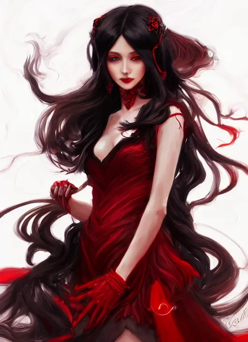 Image similar to a highly detailed illustration of hime cut black long haired woman wearing red dress, dramatic elegant smiling pose, perfect face, perfect body, intricate, elegant, highly detailed, centered, digital painting, artstation, concept art, smooth, sharp focus, league of legends concept art, wlop