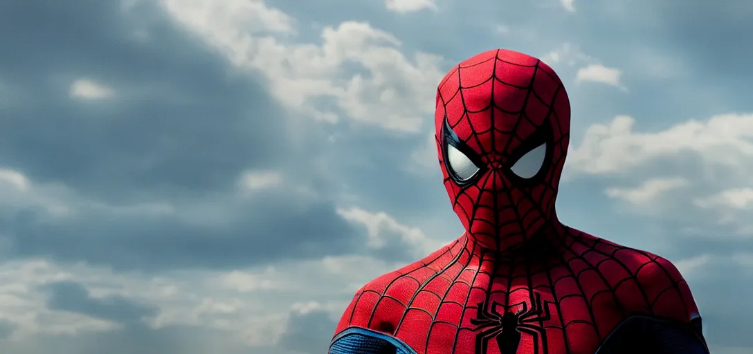 Image similar to Jesse Pinkman as Spider-Man, film still, wide-shot, full shot, cinematic lens, heroic portrait