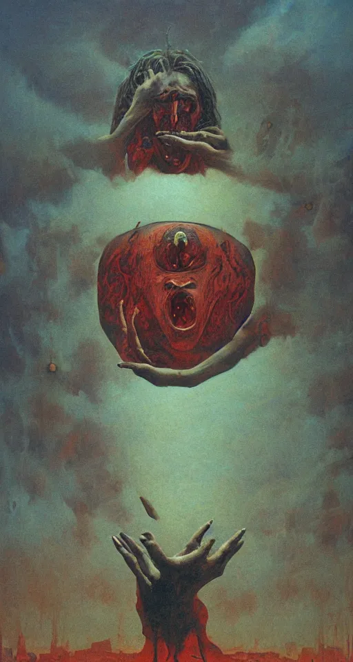 Image similar to Painting in a style of Beksinski featuring a giant alien crying. Pain and suffering in the background