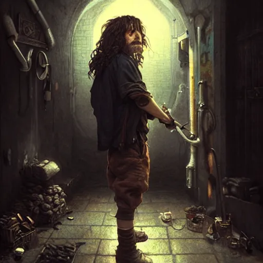 Image similar to Drug addict hobbit with crazy eyes smoking in a dark alley, ultra realistic, concept art, intricate details, dark, highly detailed, photorealistic, octane render, 8k, unreal engine, art by artgerm and greg rutkowski and alphonse mucha