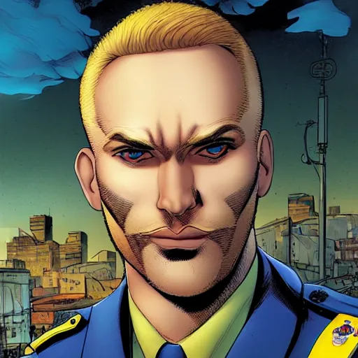 Prompt: portrait of a blonde pale police officer with short hair and a patchy beard, close up, grimy streets backdrop, detailed, art by russell dauterman and ryan ottley and patrick gleason and stefano caselli and marco checchetto esad ribic