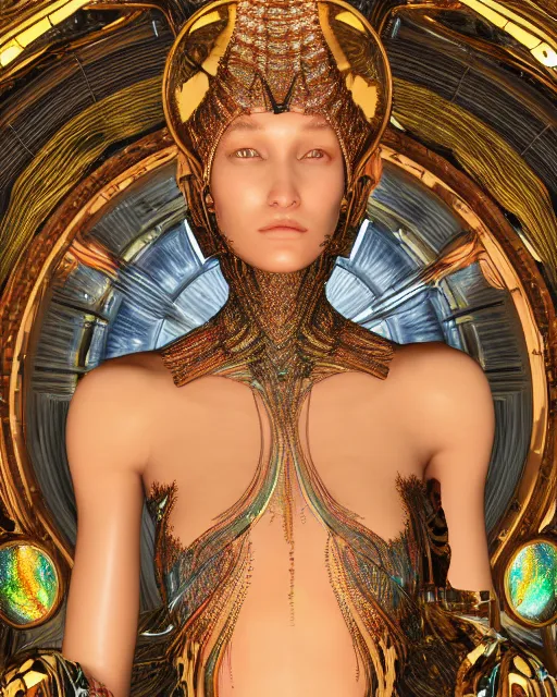 Image similar to a highly detailed metahuman 4 k close up render of an alien goddess bella hadid as alien in iris van herpen dress schiaparelli in diamonds crystals swarovski and jewelry in style of alphonse mucha gustav klimt trending on artstation made in unreal engine 4