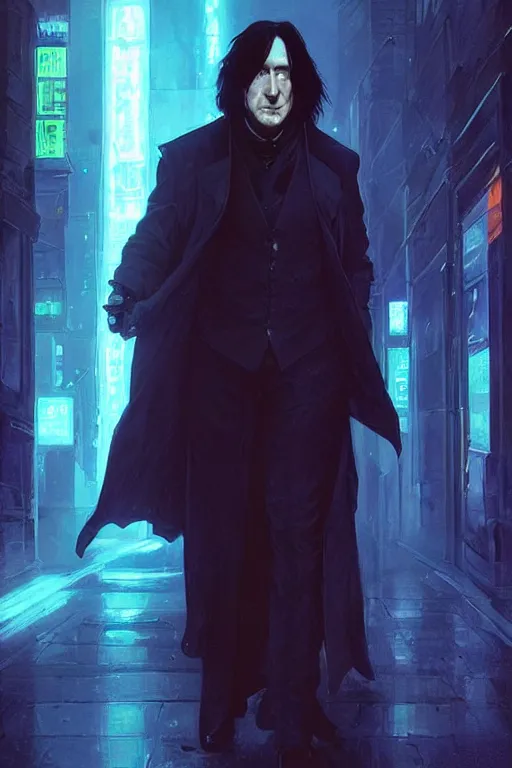 Prompt: portrait of severus snape in cyberpunk, neon lighting, night city, digital art from artstation by Ruan Jia and Mandy Jurgens and Artgerm and william-adolphe bouguereau and Greg Rutkowski