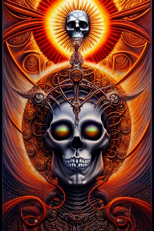 Image similar to A beautiful detailed orixa sun godness, tarot card, by tomasz alen kopera and Justin Gerard, symmetrical features, ominous, magical realism, texture, intricate, ornate, royally decorated, skull, skeleton, whirling smoke, embers, red adornements, red torn fabric, radiant colors, fantasy, trending on artstation, volumetric lighting, micro details, 3d sculpture, ray tracing, 8k, anaglyph effect