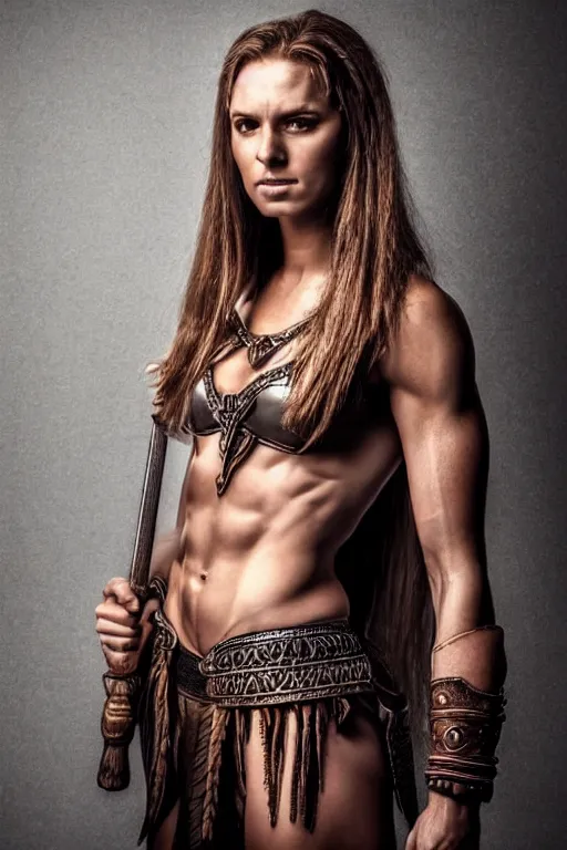 Image similar to full body portrait, thin muscular viking amazon warrior woman, 6 pack ab, symmetrical beautiful face, relaxed pose