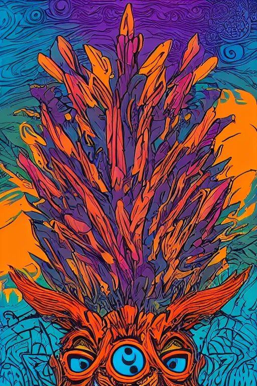 Image similar to animal mask totem roots flower tribal feather gemstone plant wood rock shaman vodoo video game vector cutout illustration vivid multicolor borderlands comics by josan gonzales and dan mumford radiating a glowing aura