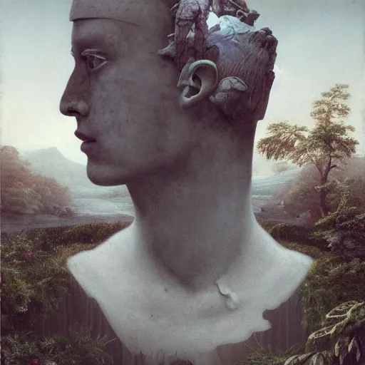 Image similar to hyperrealistic surrealism, david friedrich, award winning masterpiece with incredible details, zhang kechun, a surreal vaporwave vaporwave vaporwave vaporwave vaporwave painting by thomas cole of a gigantic broken mannequin head sculpture in ruins, astronaut lost in liminal space, highly detailed, trending on artstation