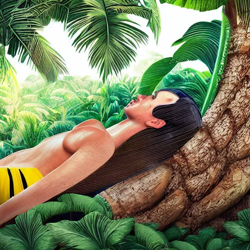 Image similar to person relaxing under the shade of a banana tree, digital art, hyper detailed