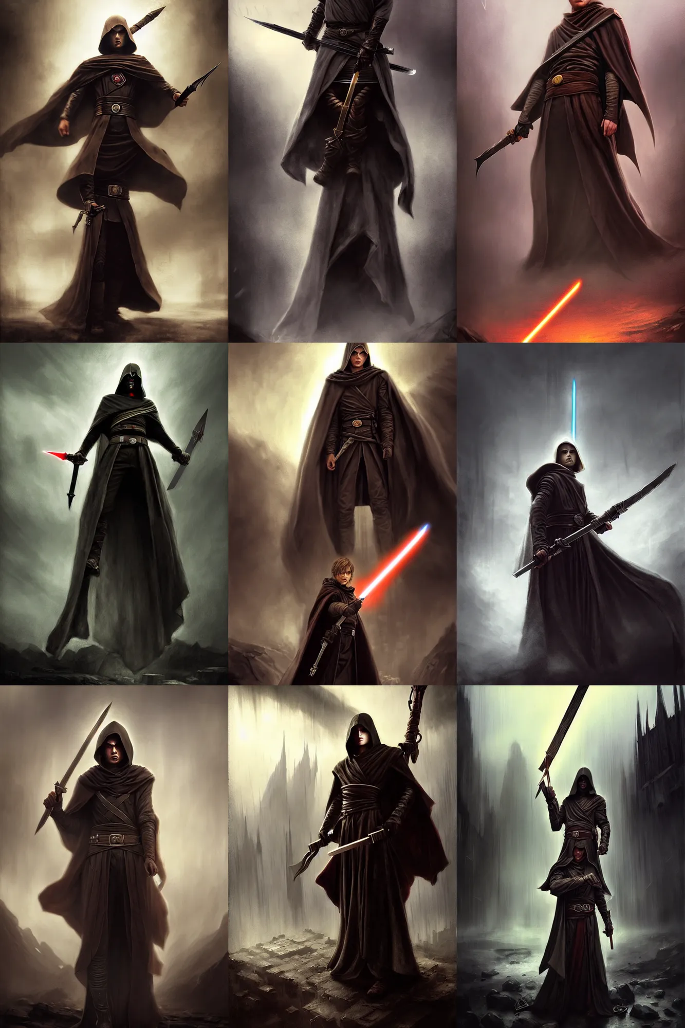 Prompt: anakin dressed in assassin robes holding a spear in one hand, illustration by bastien lecouffe deharme, magic the gathering, shingeki no kyojin, desaturated colors, gloomy medieval background, sparse floating particles, god rays, golden hour, bleak cityscabe background, grim color palette, regal aesthetic, high quality
