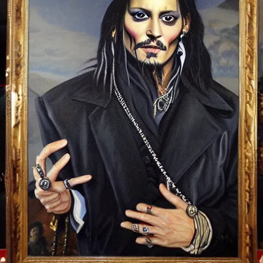 Prompt: a full length portrait painting of johnny depp painted during the dark ages in europe