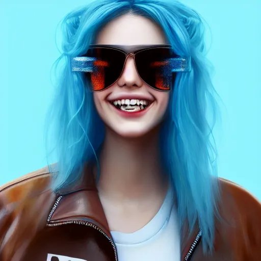 Image similar to closeup painting of a very beautiful young mexican cyberpunk woman smiling, wearing light blue shades and a leather jacket, one side haircut, long brown hair with light blue ends, portrait, hyperdetailed, artstation, cgsociety, 8 k