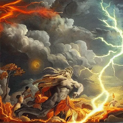 Image similar to zeus throwing down his thunderbolts upon the earth, apocalyptic imagery, anger, nature's cycles, the end and the beginning, renewal, beauty, various angles, various art styles