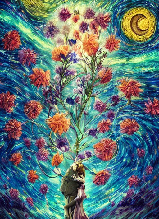 Image similar to An epic fantastic realism comic book style painting of the most beautiful entwined flowers launched across the dark and starry night sky, nebulous bouquets, fisheye lens, unreal 5, DAZ, hyperrealistic, octane render, dynamic lighting