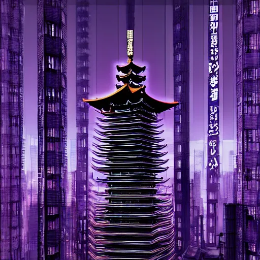 Image similar to Futuristic Pagoda Shrine in Tokyo megapolis in style of Tsutomu Nihei in purple and black tones. ArtStation, Cyberpunk, vertical symmetry, 8K, Highly Detailed, Intricate, Album Art.