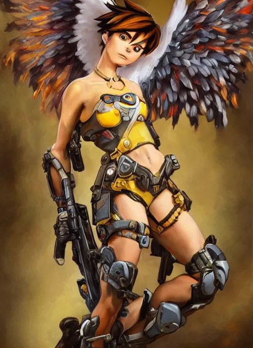 Image similar to full body oil painting of tracer overwatch in the style of frank frazetta, angel wings, dramatic painting, symmetrical composition, ornate, golden chains, silky garment, high detail, gold detailed collar!!!!!, blooming, angelic, lights, flowers, heavenly, bright, detailed face,