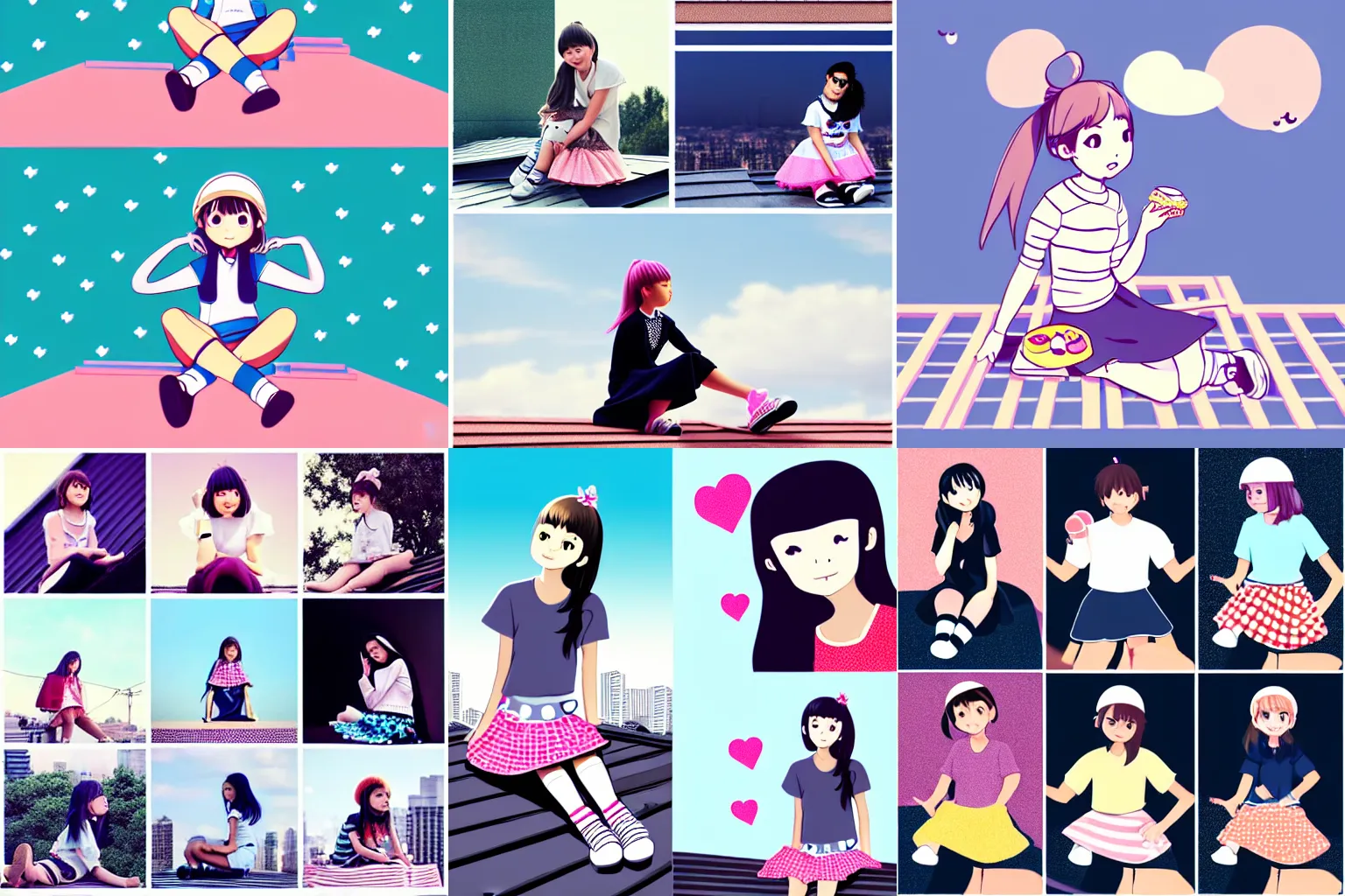 Prompt: 1. girl sitting on a rooftop, 2. cute kawaii girl, 3. wearing skirt and high socks, 4. having a snack, 5. looking up, 6. magic eyes, 7. digital art, 8. concept art, 9. best of 2023 on artstation style, 10. simulation, 11. structure, 12. fine, 13. wide angle, 14. natural light, 15. volumetric, 16.behind is a large scale city