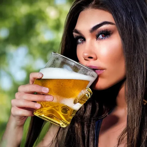 Image similar to 4k,ultra detailed portrait of Madison Beer drinking beer at the parking lot by Rachel Ruysch